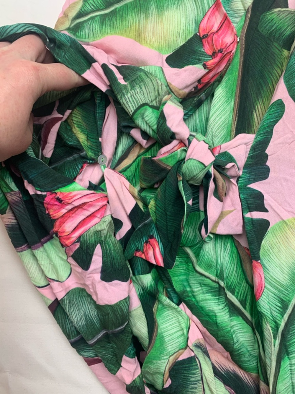FARM Rio size small pink palms Green Tropical Leaf V-Neck Dress wrap mini tie - Picture 5 of 11